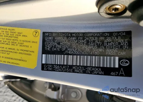 2004 Lexus Es 330 Base из США, поврежденный, VIN JTHBA30G740014180